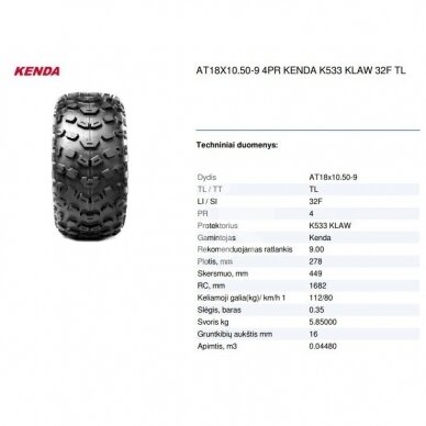 ATV tire AT18X10.50-9 4PR KENDA K533 KLAW 32F TL 1