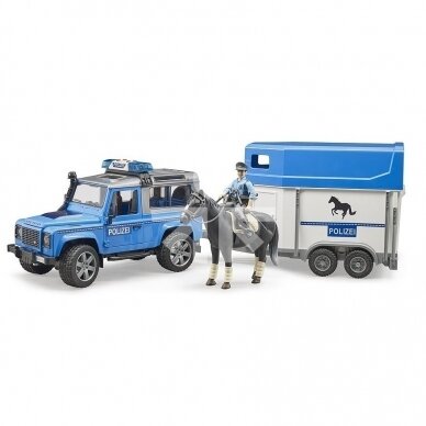 Toy BRUDER Police car Land Rover Defender with trailer, horse and policeman 02588