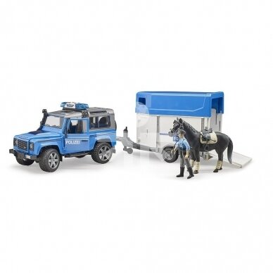 Žaislas Bruder policijos automobilis Land Rover Defender 02588 su priekaba, žirgas ir policininkas 1