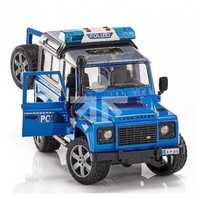 Žaislas Bruder policijos automobilis Land Rover Defender 02588 su priekaba, žirgas ir policininkas 3